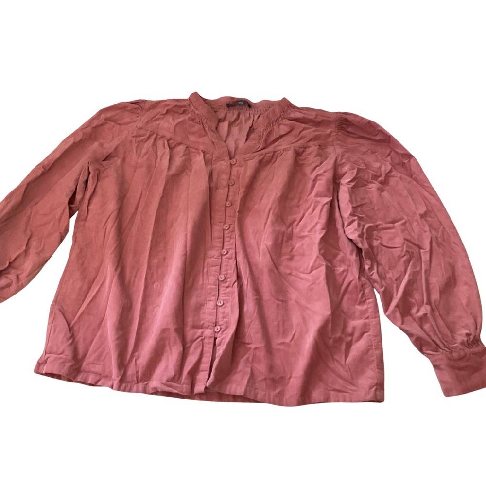 Laurel Grey Womens XL Corduroy Button Down Blouse Pink Boho Puff Sleeve Top
